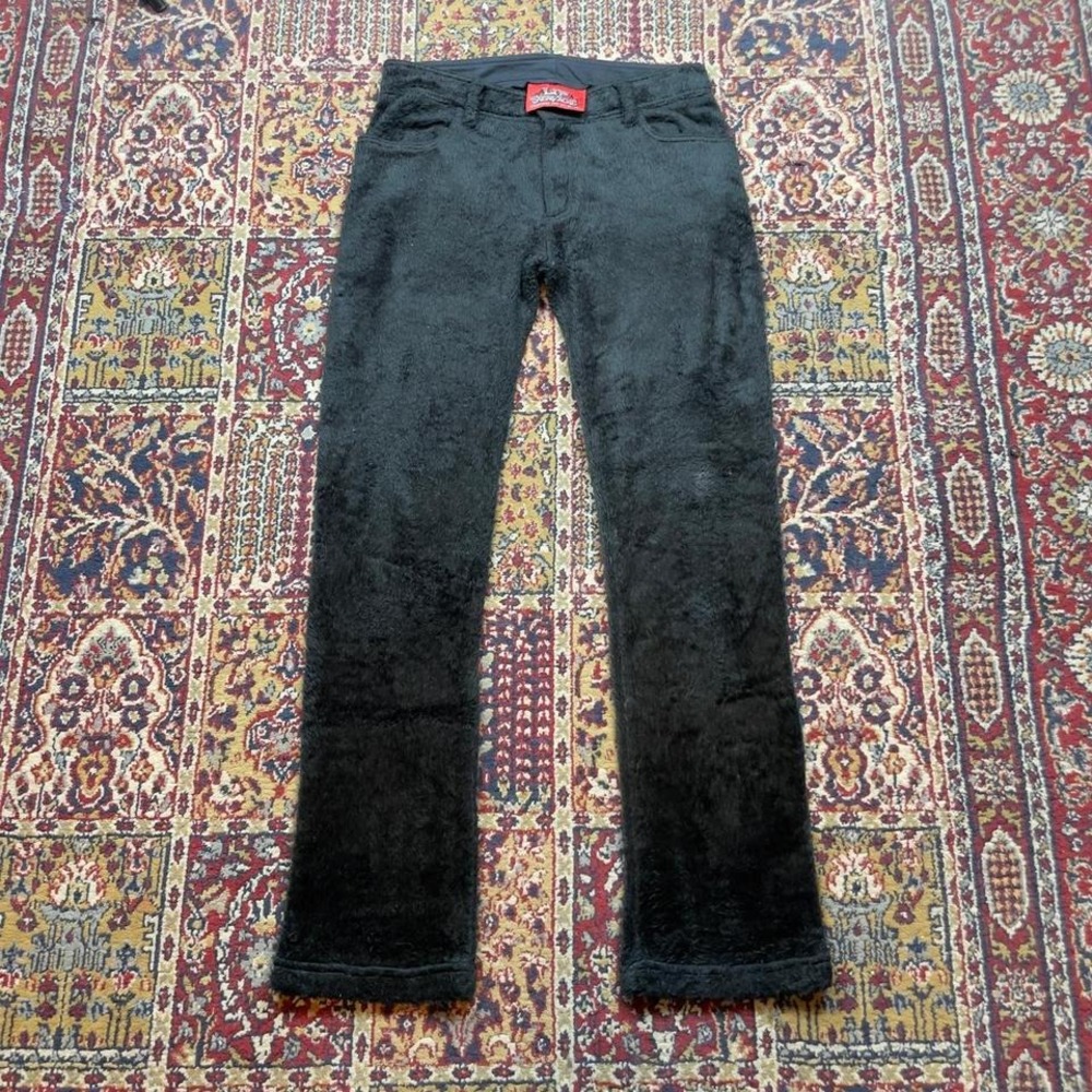 Vintage lip service fuzzy faux fur fleece black flared womens grunge pants 30